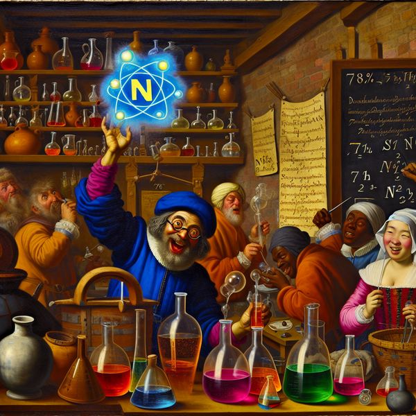 Stikstof element in historische chemie: symbool N met atoomnummer 7 en toepassingen 17e-eeuwse Nederlandse labscene in de stijl van Jan Steen met een vrolijke alchemist die het stikstofsymbool 'N' met atoomnummer 7 toont, omringd door chemische experimenten en formules zoals NH₃ en N₂