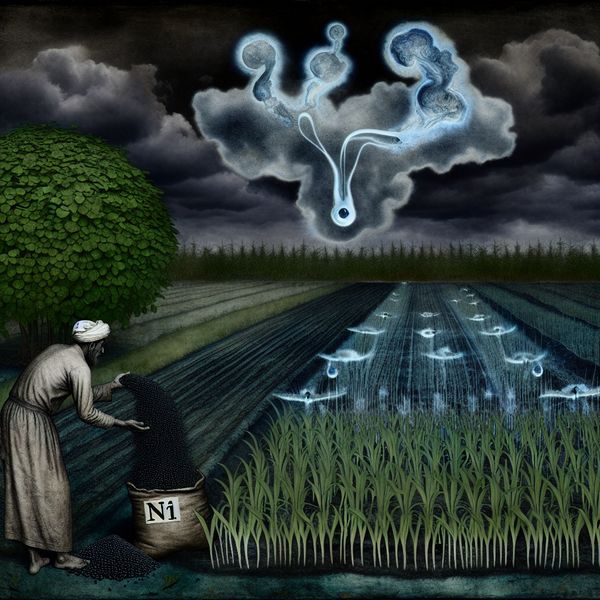 Symbolische voorstelling van stikstof als levensbron en chemische kracht in een gotische stijl, met een boer die gloeiende stikstofkorrels uitstrooit over een surrealistisch groeiend veld onder een onheilspellende lucht