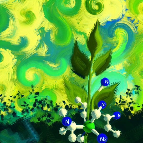 Stikstofopname plant abstract expressionisme scheikunde milieuwetenschappen Abstract expressionistische illustratie van een plant die stikstof (N) opneemt uit de bodem, met dynamische penseelstreken en wetenschappelijke symboliek