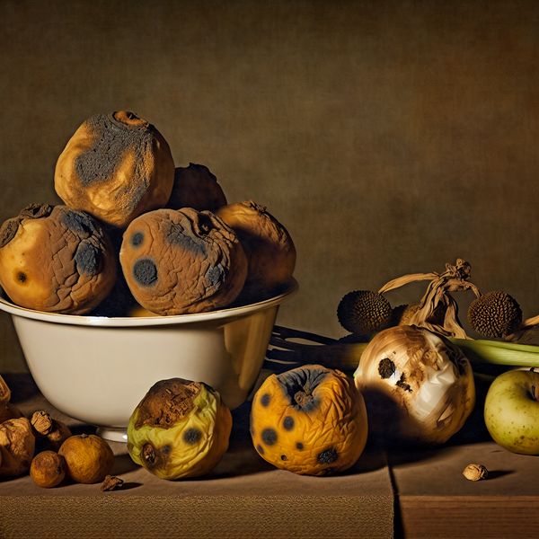 Bederf en Verlies in Still Life Still life van een kom met rot fruit en verwelkte groenten, met tekenen van verval.