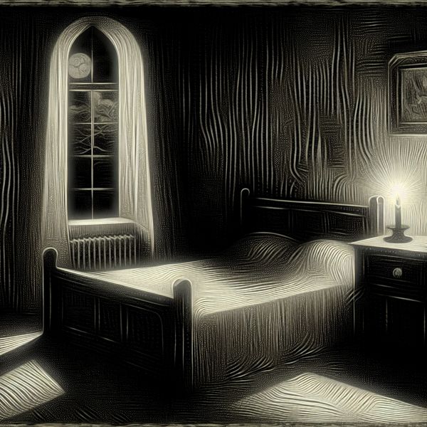 Gothische illustratie van een serene maar spookachtig stille slaapkamer 's nachts, verlicht door maanlicht en een bijna opgebrande kaars