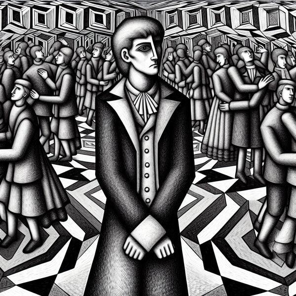 Surrealistische zwart-wit illustratie van een stille, introverte man die zich afzijdig houdt op een levendig feest, geïnspireerd op M.C. Escher