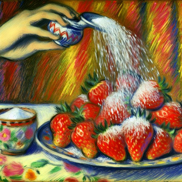 Stilleven van aardbeien met suiker in de stijl van Van Gogh Stilleven met een bord sappige aardbeien waarop suiker wordt gestrooid