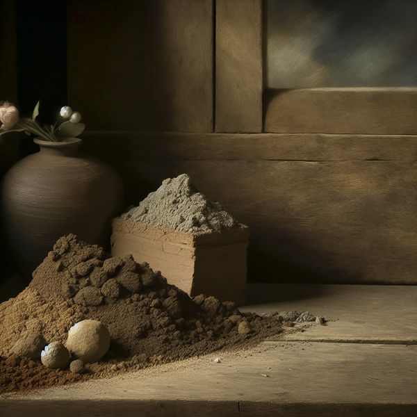 Stilleven van aarde en textuur voor taalliefhebbers Stiltevenster met verschillende soorten aarde, zoals klei en zand, op een rustieke houten tafel