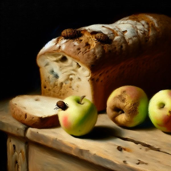 Stilleven met een beschimmeld brood en rotte appels op een rustieke houten tafel, met kleine insecten op het brood.