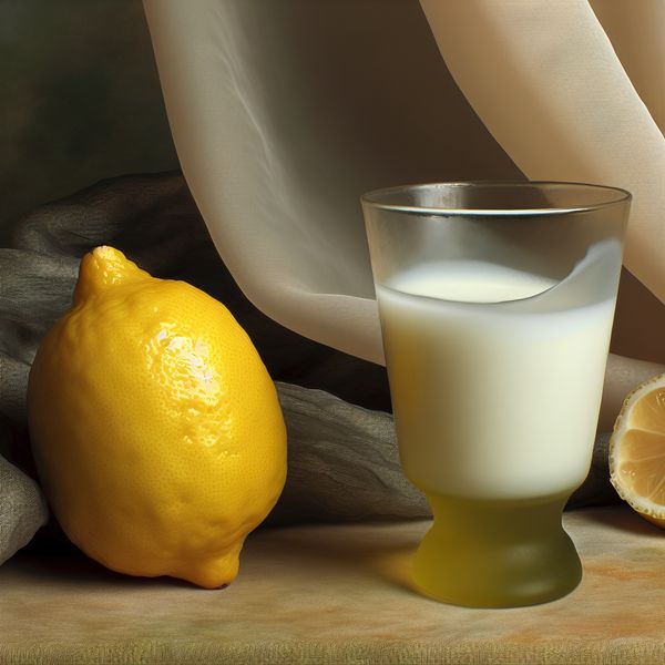 Stilleven met Citroen en Zure Melk voor Taalonderwijs Stilleven van een glanzende, verse citroen naast een glas met zure melk tegen een zachte, gedrapeerde stof achtergrond.