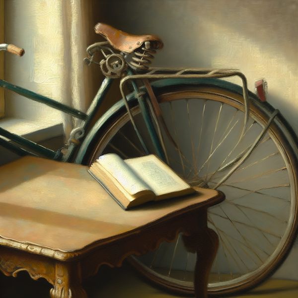 Stilleven met een houten tafel, een lichtgekleurde fiets leunend tegen de tafel en een open boek erop, in de stijl van Gerard ter Borch.