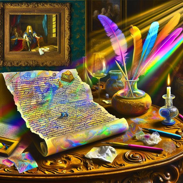 Vibrant Stilleven met Notities en Barokke Invloeden Een levendige stilleven met een kleine handgeschreven pagina op een antieke houten bureau, omringd door kleurrijke veertjes en een inktpot.