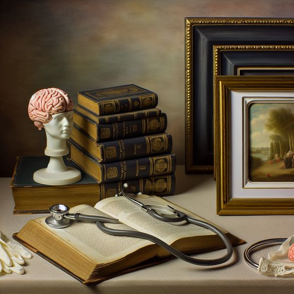 Stilleven van hersenletsel en schade aan de hersenen Stilleven van een vintage doktersbureau met medische boeken, een stethoscoop en een anatomisch model van een menselijke hersenen, dat hersenletsel symboliseert.