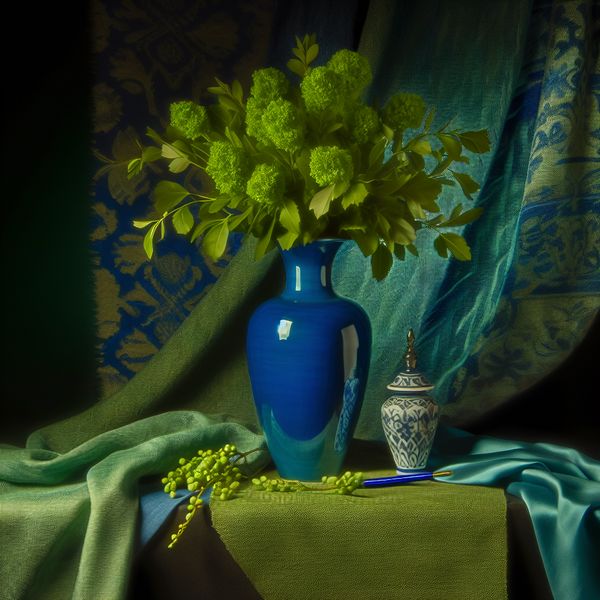 Een stilleven met een blauwe vaas en groene bladeren, omgeven door stoffen in zachte kleuren.