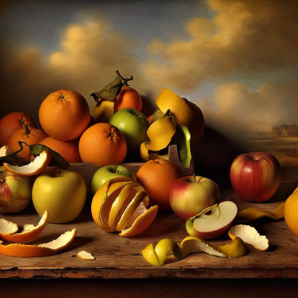 Stilleven met Sinaasappels en Appels in de Stijl van Van Ruisdael Realistische stilleven van kleurrijke sinaasappels en appels op een houten tafel, met een dramatische lucht op de achtergrond.