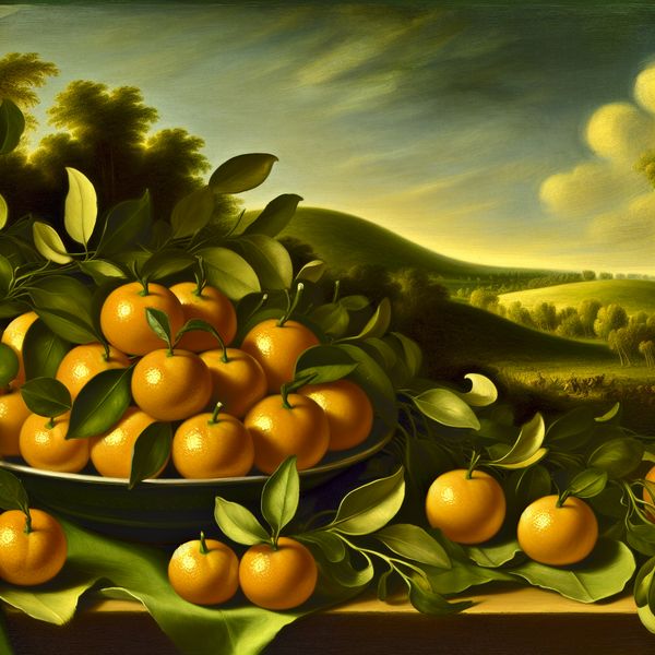 Stilleven met Sinaasappeltjes en Groene Bladeren Een stilleven met een kom vol met heldere sinaasappeltjes omringd door groene bladeren en een serene landschap op de achtergrond.
