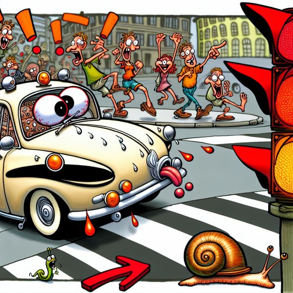 Grappige cartoonauto die volledig stilstaat bij een rood stoplicht met zweetdruppels boven het hoofd, omringd door bevroren voetgangers in een levendige straatscène