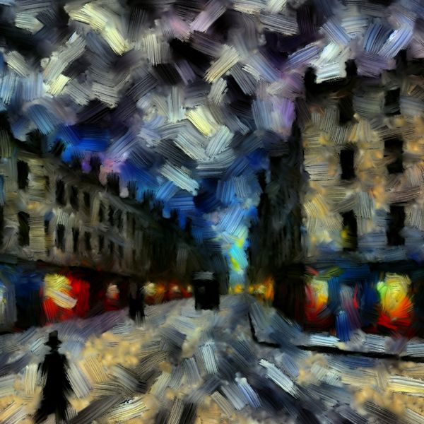 Stilstand betekenis: abstracte weergave van volledige inactiviteit en leegte Surrealistisch schilderij van een verlaten straat bij schemering, stilstand en inactiviteit uitbeeldend in de stijl van Willem de Kooning