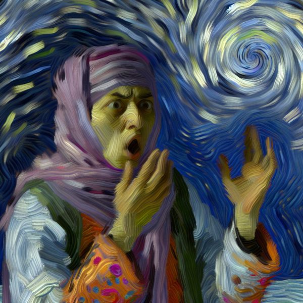 Stilvallen van spraak in Van Gogh-stijl: haperen in gesprek Expressieve persoon met open mond en verbaasde blik, stilgevallen in een gesprek met dynamische Van Gogh-achtige penseelstreken