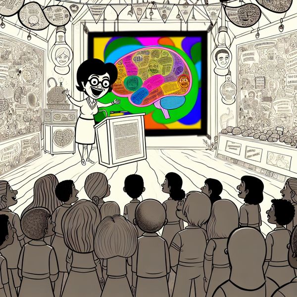 Een kleurrijke cartoonachtige scène in een klaslokaal met een enthousiaste leraar die een groot poster presenteert aan nieuwsgierige studenten.