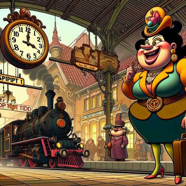 Stiptheid en punctualiteit in kleurrijke treinstation-scène voor taalonderwijs Vrolijke cartoon van een stipt vertrekkende stoomtrein om 8:30 uur, met een punctuele vrouw op het perron en een stationklok die precisie uitstraalt