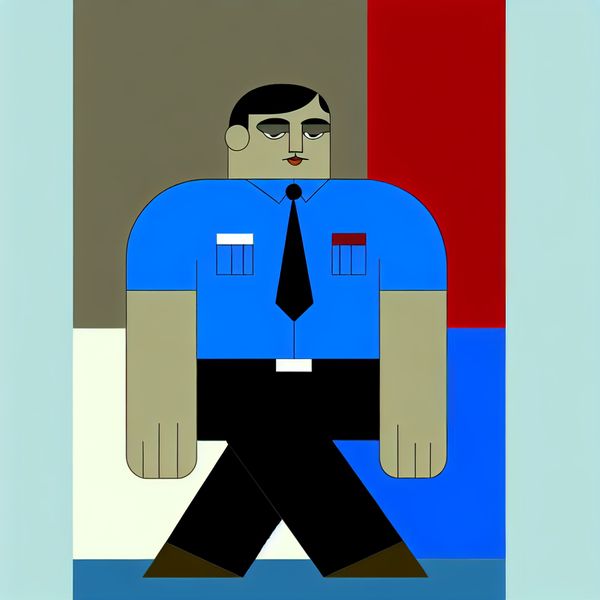 Minimalistische illustratie van een stevige, flinke jongeman in uniform met een zelfverzekerde houding, geïnspireerd op de stijl van Dick Bruna