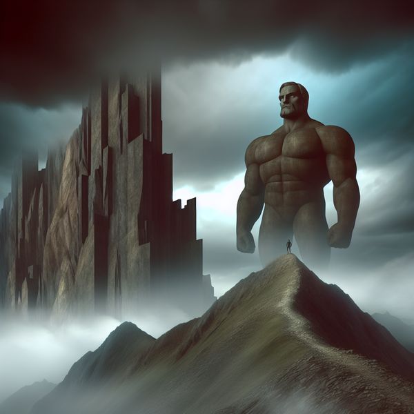 Stoere man op bergtop - symbool van flinkheid en moed in surrealistische stijl Hyperrealistisch surrealistisch portret van een stoere man met brede schouders en vastberaden blik, staand op een mistige bergtop, symbool voor kracht en karakter