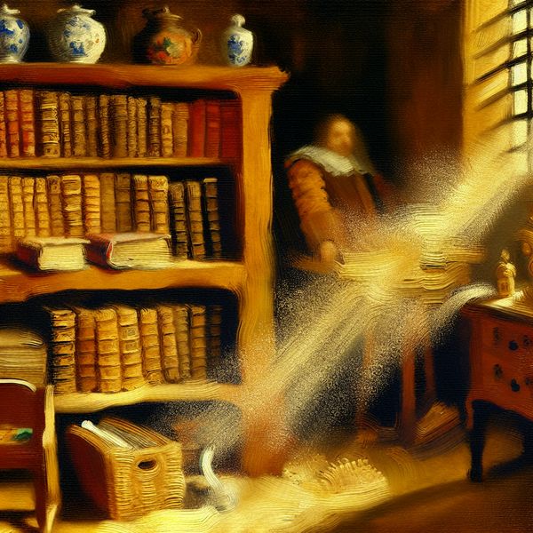 17e-eeuws Hollands interieur met stoffige boekenplank en stofdeeltjes in zonlicht, geschilderd in levendige penseelstreken