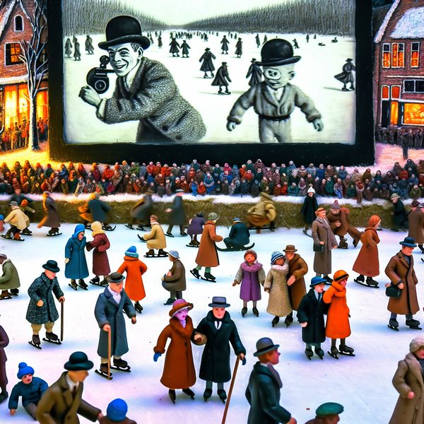 Stomme filmvoorstelling jaren 1920 winterse setting Charlie Chaplin Levendige winterse filmvoorstelling uit de jaren 1920 in de stijl van Hendrick Avercamp, met een menigte in historische winterkleding die een stomme Charlie Chaplin-film bekijkt op een groot scherm bij een bevroren kanaal