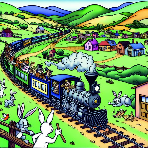 Een kleurrijke cartoon van een druk treingebied met een stoomtrein die door het platteland rijdt, omringd door nieuwsgierige dieren als konijnen en vogels.