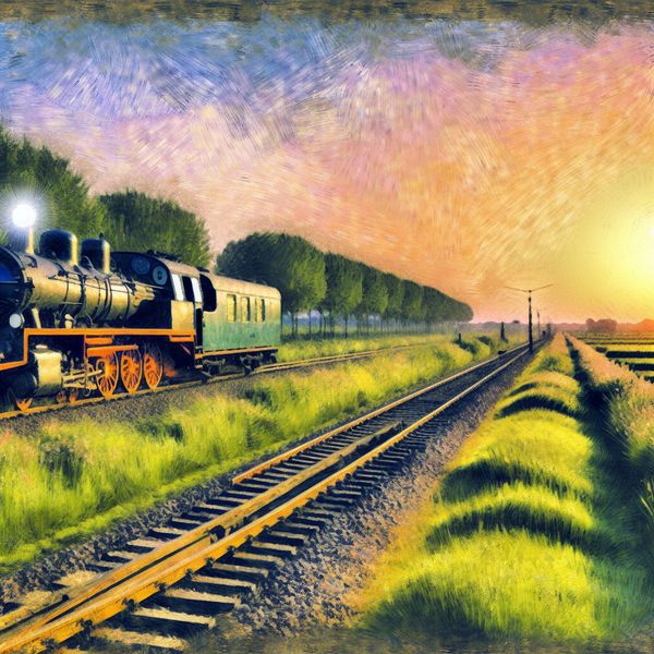 Train op spoor bij zonsondergang Een klassieke stoomlocomotief op spoorlijnen bij zonsondergang, omringd door groene velden.