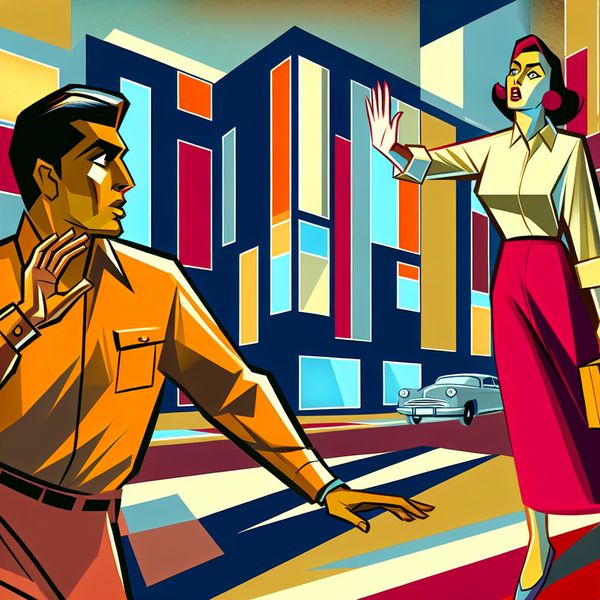 Retro-futuristische illustratie van een persoon die 'Ho!' roept om een ander te laten stoppen in een jaren 50-stijl straatbeeld