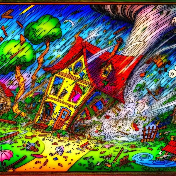 Een cartoonachtige afbeelding van een storm die een vrolijk huis vernielt in een kleurrijke buurt.
