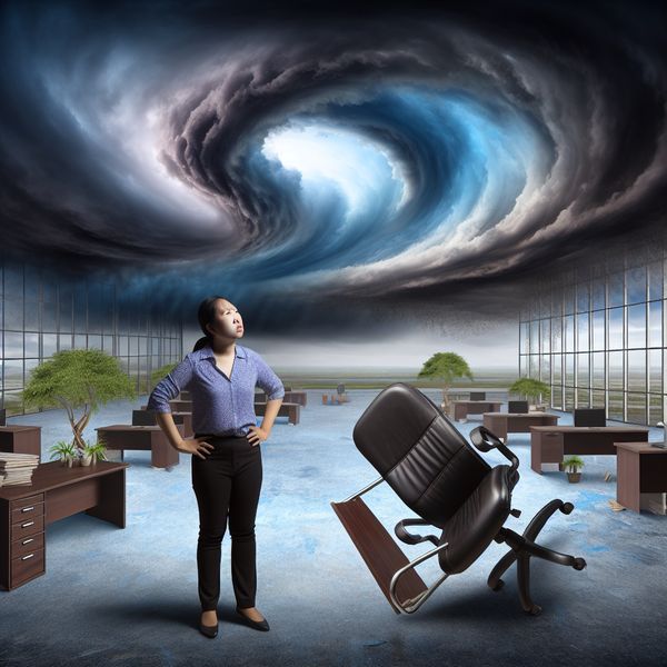 Kantoorlandschap Onder Stormachtige Lucht als Symbool van Onrecht Vrouw in een lege kantoorsetting met een omgevallen stoel, onder een onheilspellende lucht, waarmee onrechtvaardige behandeling wordt aangeduid.
