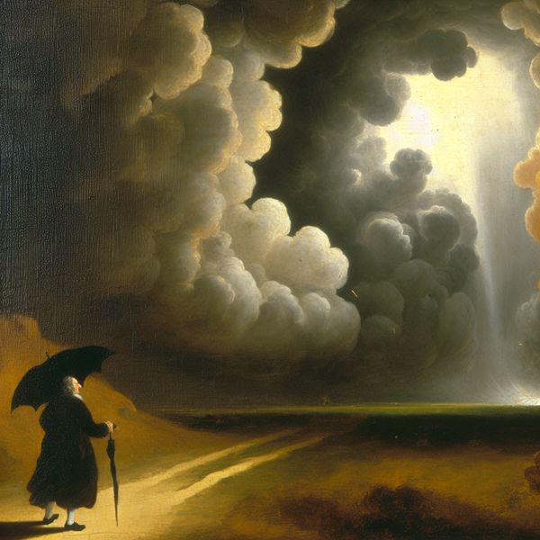 Stormachtige Lucht met Figuur onder Paraplu Een figuur met een paraplu staat in de regen onder een dramatische, stormachtige lucht.