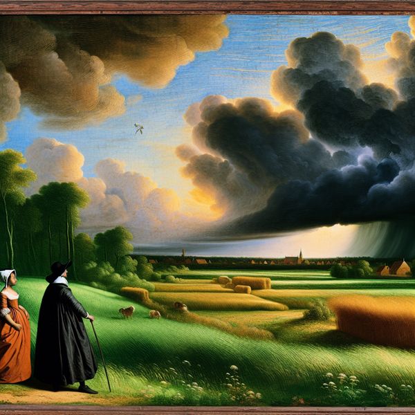 Schilderij van een stormachtige lucht boven een vredig plattelandslandschap met twee mensen die naar een dorp kijken