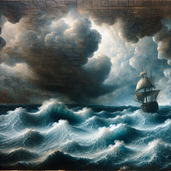 Stormachtige zee in Rembrandt-stijl: strijd van mens tegen natuurkrachten Dramatische zeegezicht in Rembrandt-stijl met woeste golven, stormachtige lucht en een klein zeilbootje dat tegen de elementen vecht
