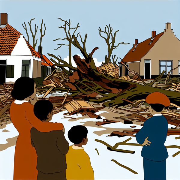 Stormschade in Nederlands dorp in Dick Bruna stijl In de stijl van Dick Bruna weergegeven stormschade in een Nederlands dorp