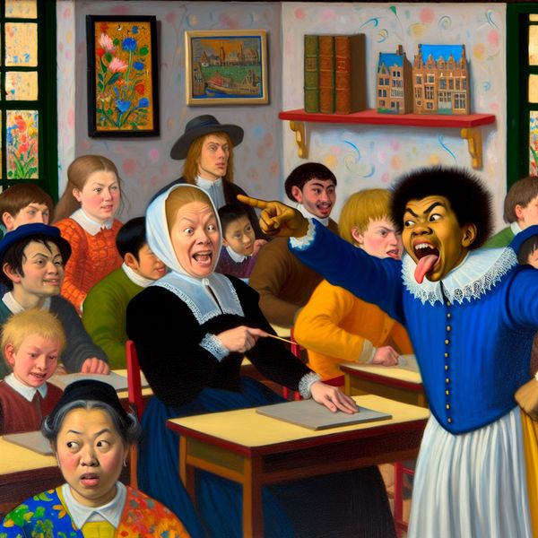Een levendige klaslokaal scène met een stout kind dat op zijn bureau staat en de leraar de tong uitsteekt.