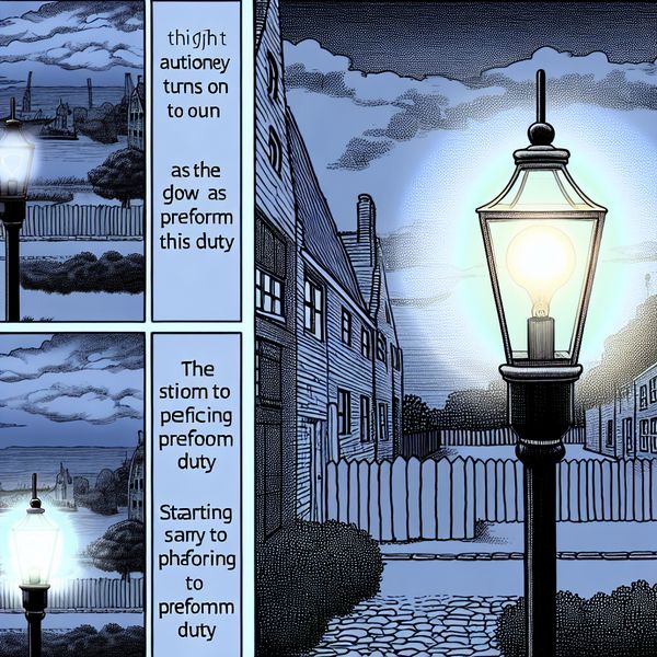 Illustratie van een lantaarn die automatisch aan gaat bij zonsondergang op een sfeervolle buurtstraat in Marten Toonder-stijl