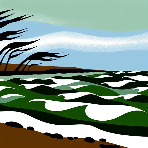 Minimalistische illustratie van een krachtige straffe wind aan de kust, met gebogen bomen en woeste golven in stijl van Dick Bruna