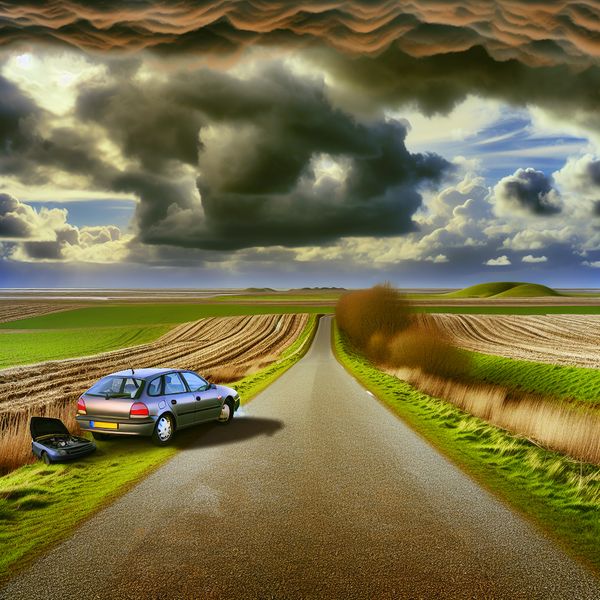 Strandauto in Nood op een Desolate Weg Strandauto op een desolate weg met dramatische lucht en weelderige begroeiing