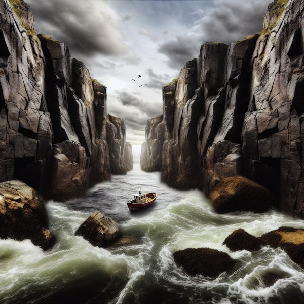 Strandboot Tussen Rotsen - Hyperrealistische Kunst Een kleine, kwetsbare boot gevangen tussen imposante, scherpe rotsen met woelige wateren eromheen