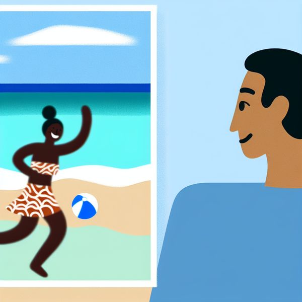 Strandmoment van Besef en Verbinding Minimalistische illustratie van een man en vrouw op het strand, de man kijkt uit over de zee terwijl de vrouw met een strandbal speelt.