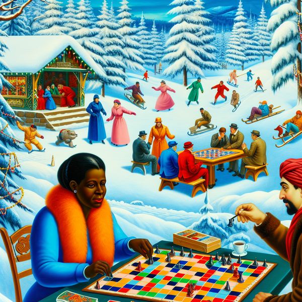 Strategisch bordspel in winterlandschap Twee spelers maken een strategische zet tijdens een bordspel in een levendig winterlandschap, omringd door sneeuwbedekte bomen en mensen die winteractiviteiten doen.