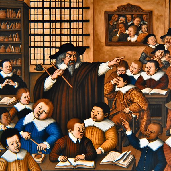Klaslokaal met strenge discipline en ordehandhaving in historische setting 17e-eeuwse Nederlandse klas met strenge leraar die orde handhaaft, leerlingen gedragen zich ondeugend in de stijl van Jan Steen