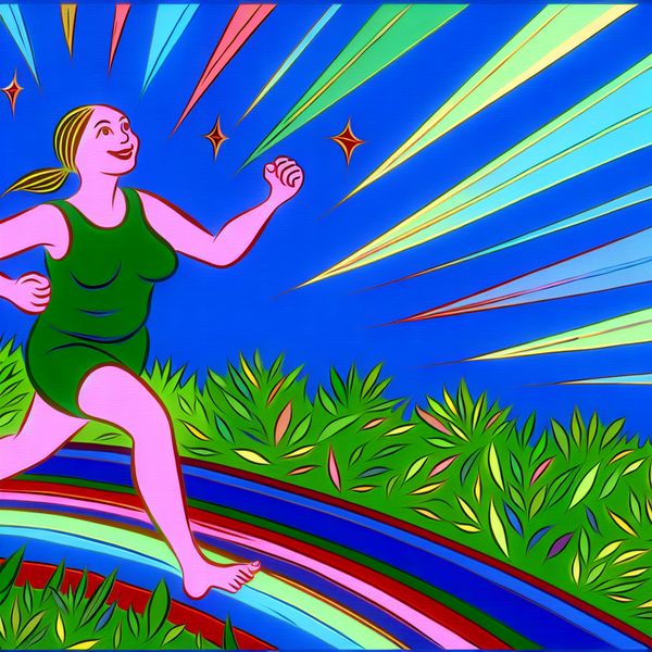 Opluchting van stress door sporten met een vrolijke vrouw Jonge vrouw rent blijdschap op een kleurrijk jogpad tussen heldergroene bomen en een blauwe lucht, symboliseert opluchting van stress door sport.