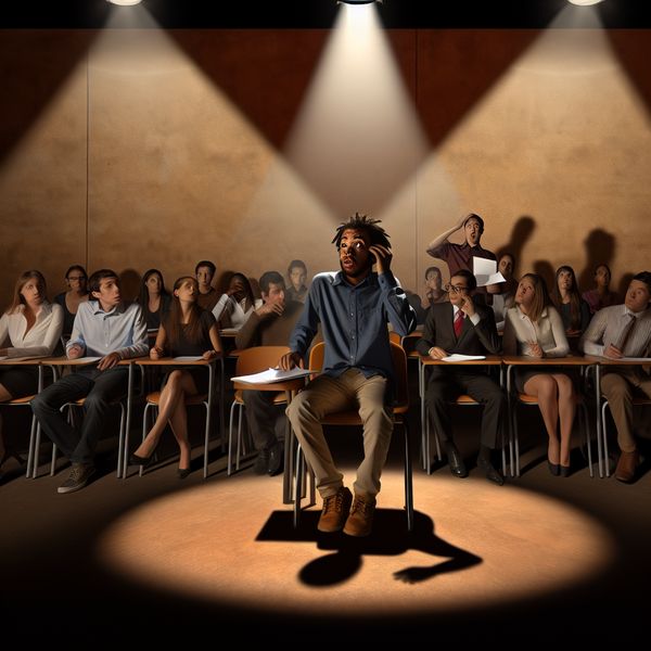 Diverse groep studenten presenteert nerveus in de klas, met een leerling in de voorgrond die zweet en zich oncomfortabel voelt.