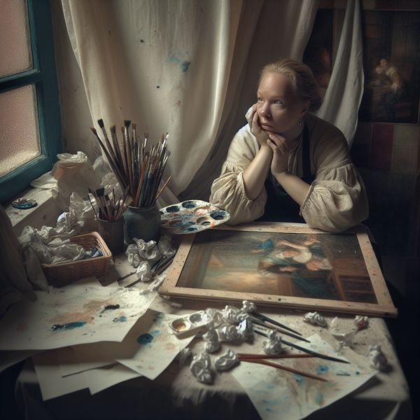 Een vrouw zit alleen aan een tafel, omringd door onafgemaakt kunstwerk en verspreide papieren, met een bezorgde uitdrukking op haar gezicht.
