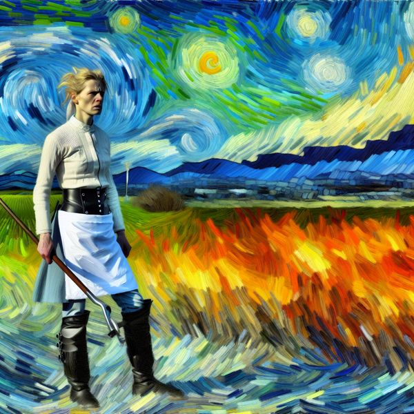 Strijder voor een ideaal: symbolische figuur in Van Gogh-kunstwerk Expressieve figuur als strijder voor een ideaal in Van Gogh-stijl, met protestteken en dynamische achtergrond van natuur en hoop