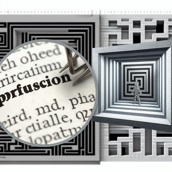 Surrealistische illustratie van een strikte betekenis van een woord, geïnspireerd op M.C. Escher, met een figuur gevangen in een geometrische kamer op een woordenboekpagina