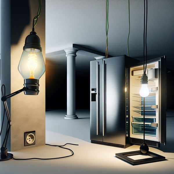 Hyperrealistisch surrealistisch tafereel van een donkere keuken met een open koelkast en een brandende tafellamp die stroom verbruikt, geïnspireerd op Carel Willink