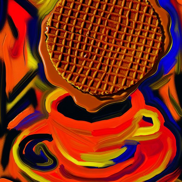 Stroopwafel bij koffie: typisch Nederlands genot in abstracte kunst Abstracte Nederlandse scène met dampende koffie en een stroopwafel die smelt bovenop de kop, in expressieve stijl van Karel Appel