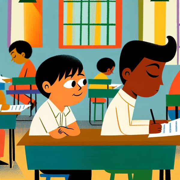 Student die bedrog pleegt tijdens examen in de klas Een onschuldige student die tijdens een examen op een schoolbank zit en die ondeugend naar het proefwerk van de naastgelegen student kijkt.